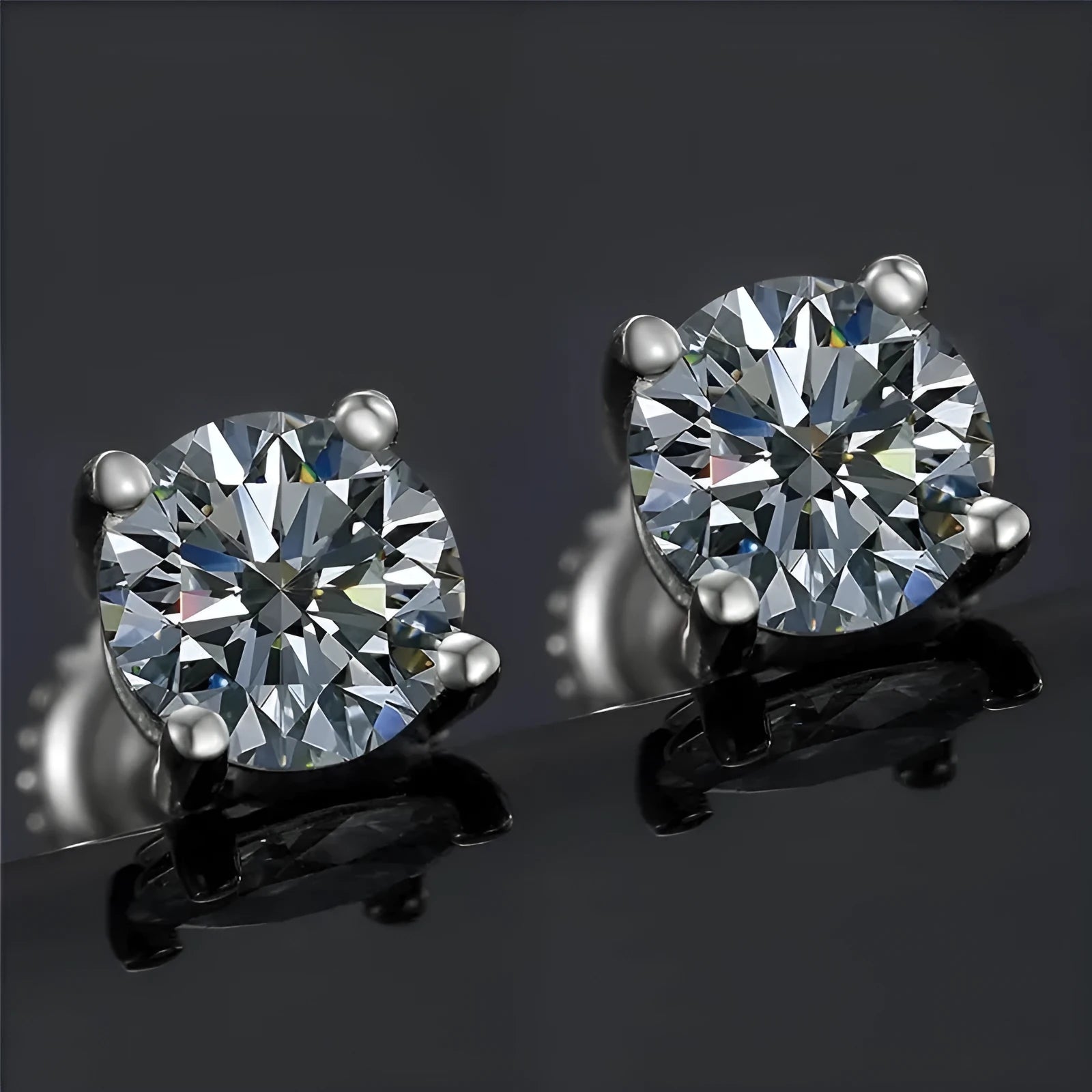 Women's screw back moissanite stud earrings with geometric setting on silver
