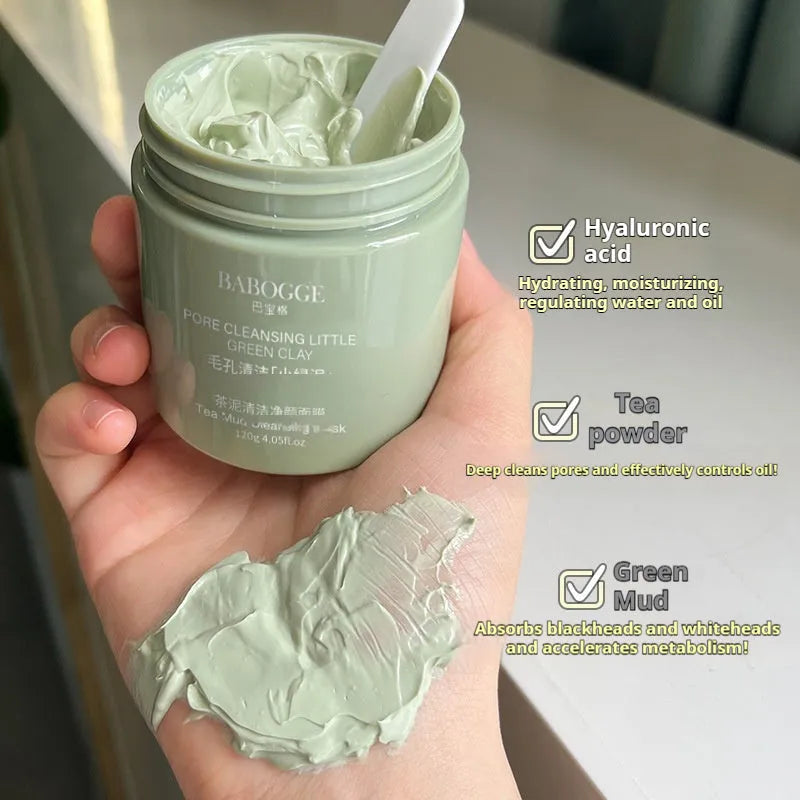 Tea mud cleansing clay facial mask in a 120g container, a non-pulling dry daub-type formula.