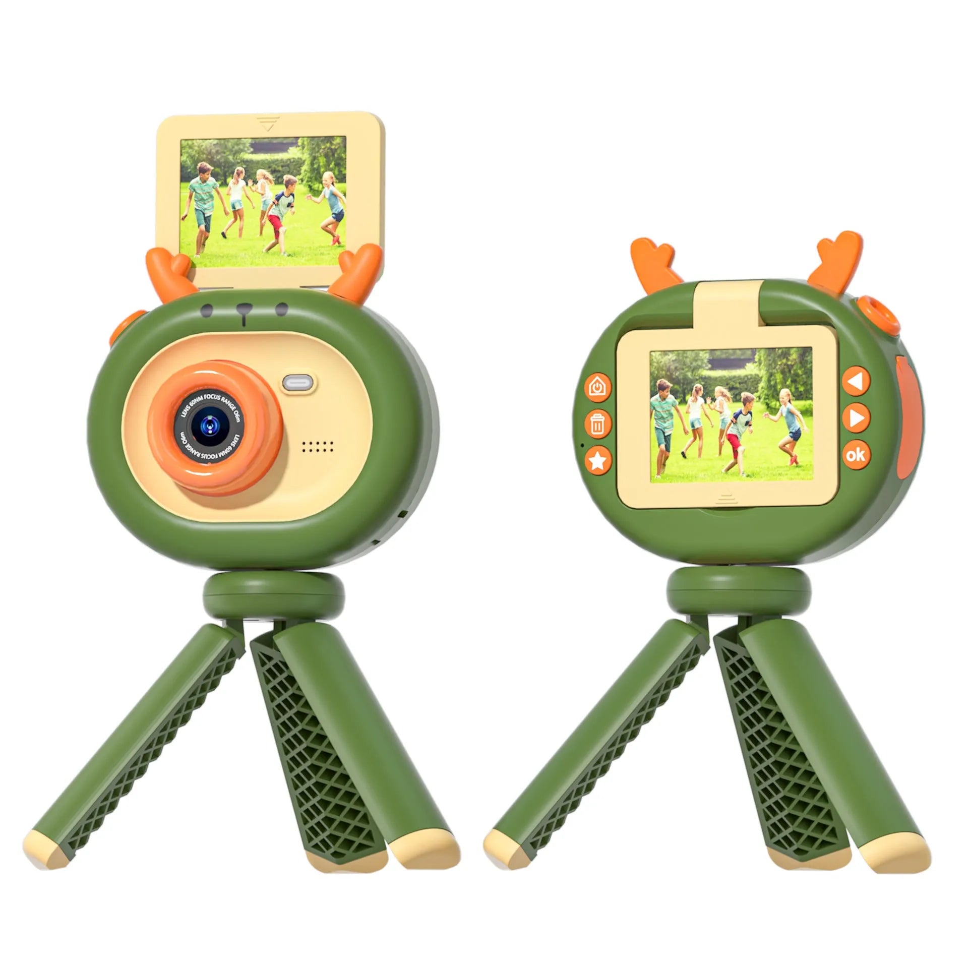 Purple and dark green children's digital camera with flip screen, silicone case, and lanyard