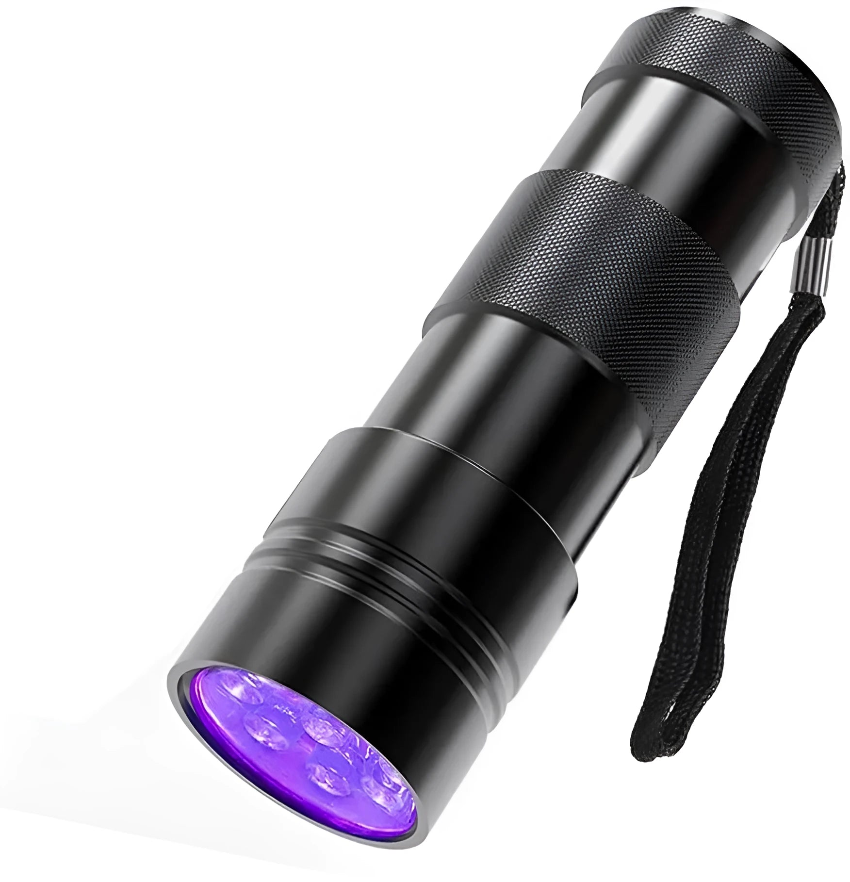 Black and silver aluminium UV flashlight with dimensions shown for scale.