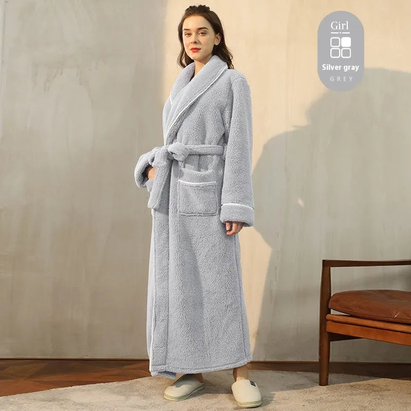 Men's and women's thick flannel bathrobe couple set in winter colours with extended plus sizing