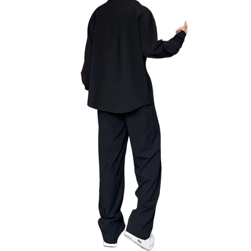 Men's black long sleeve polo shirt and trousers two-piece suit set with slim fit styling