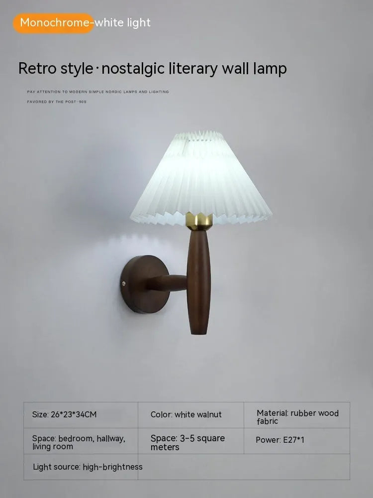 American retro style single head wall lamp with walnut wood frame and fabric shade, mounted on a wall.