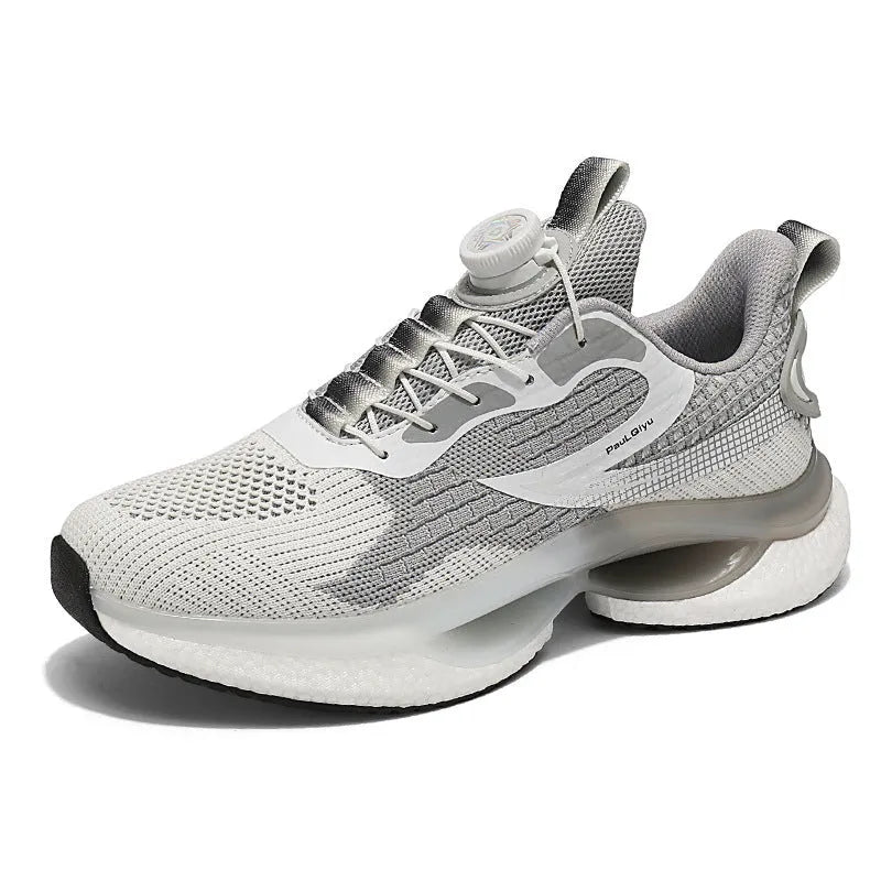Men's white Korean-style running shoes with rotating button fastening and mesh upper