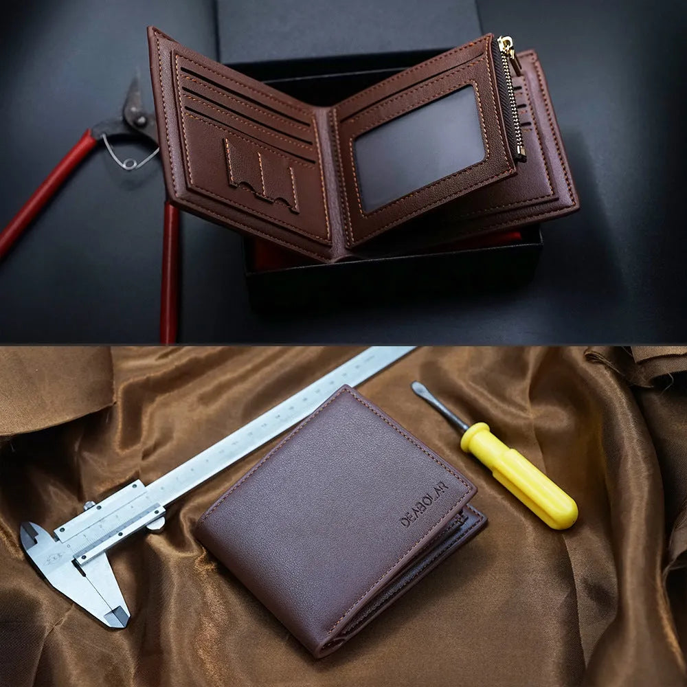 Brown leather men's wallet with a silver zip closure.
