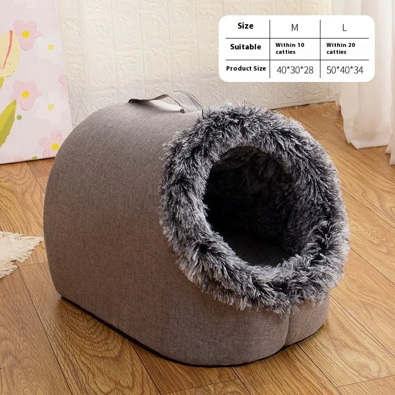 Fleece-lined cat nest sleeping bag in coffee color, size M 40x30x28cm, closed design for winter warmth