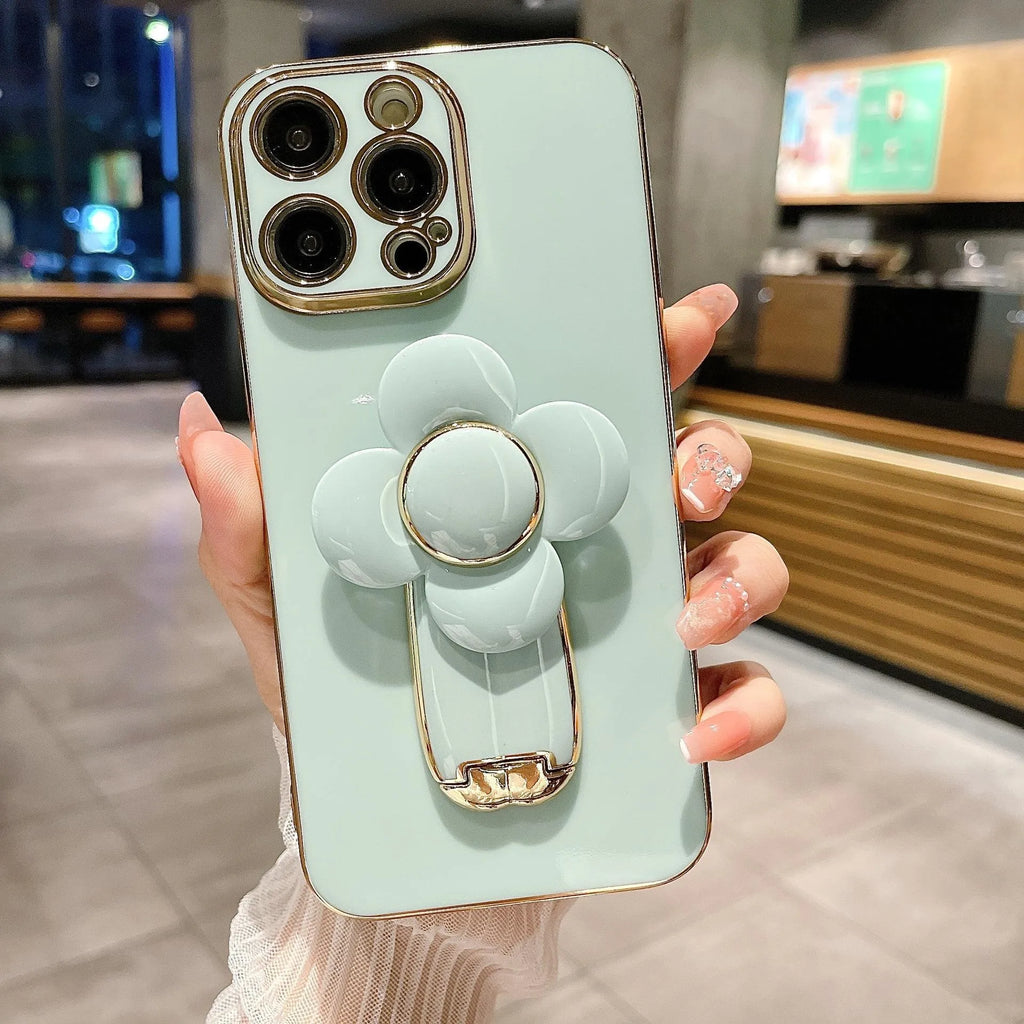 Electroplating big windmill bracket all-inclusive phone case for Apple iPhone in mint green with built-in stand and lanyard