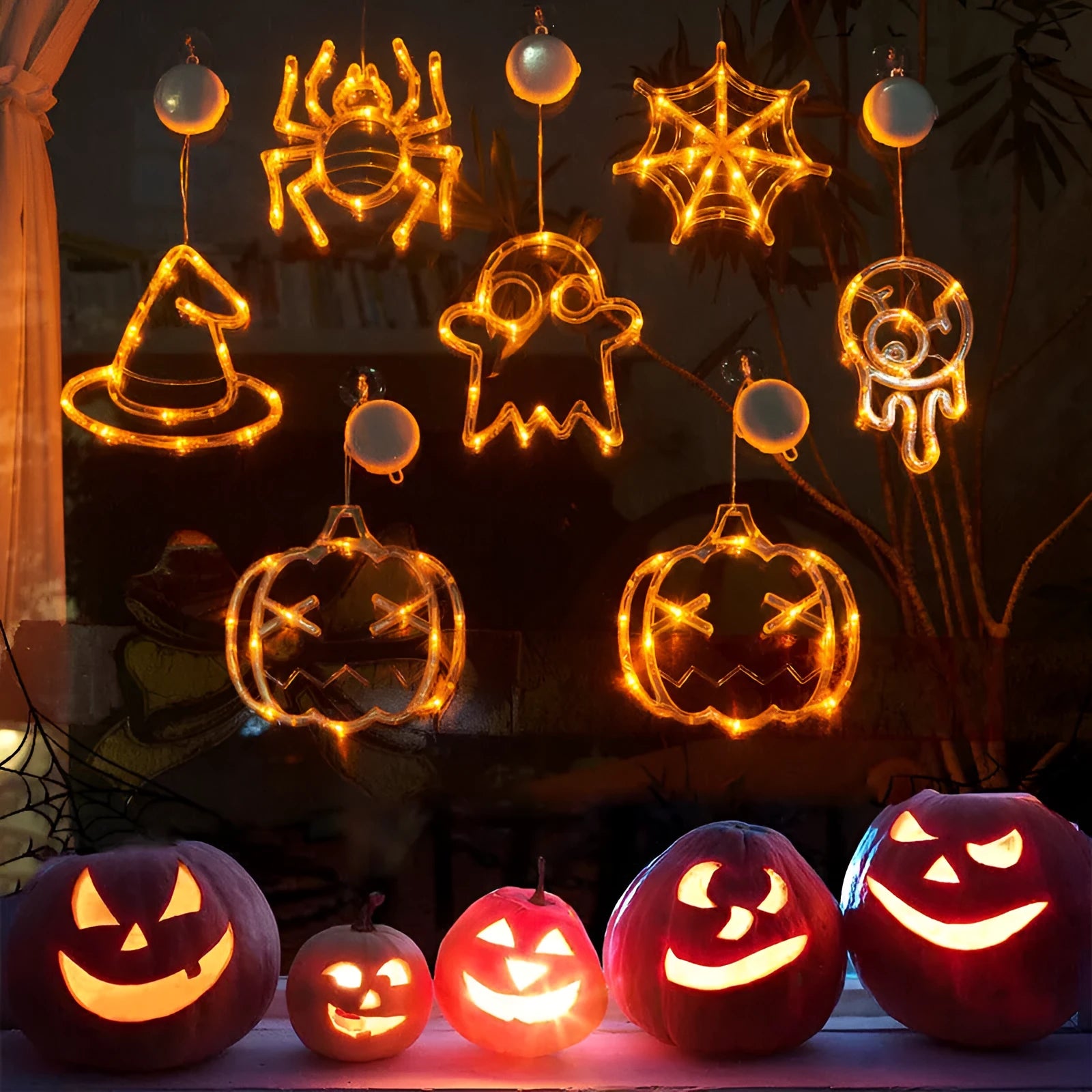 Halloween window hanging LED lights set with spider, pumpkin and ghost designs