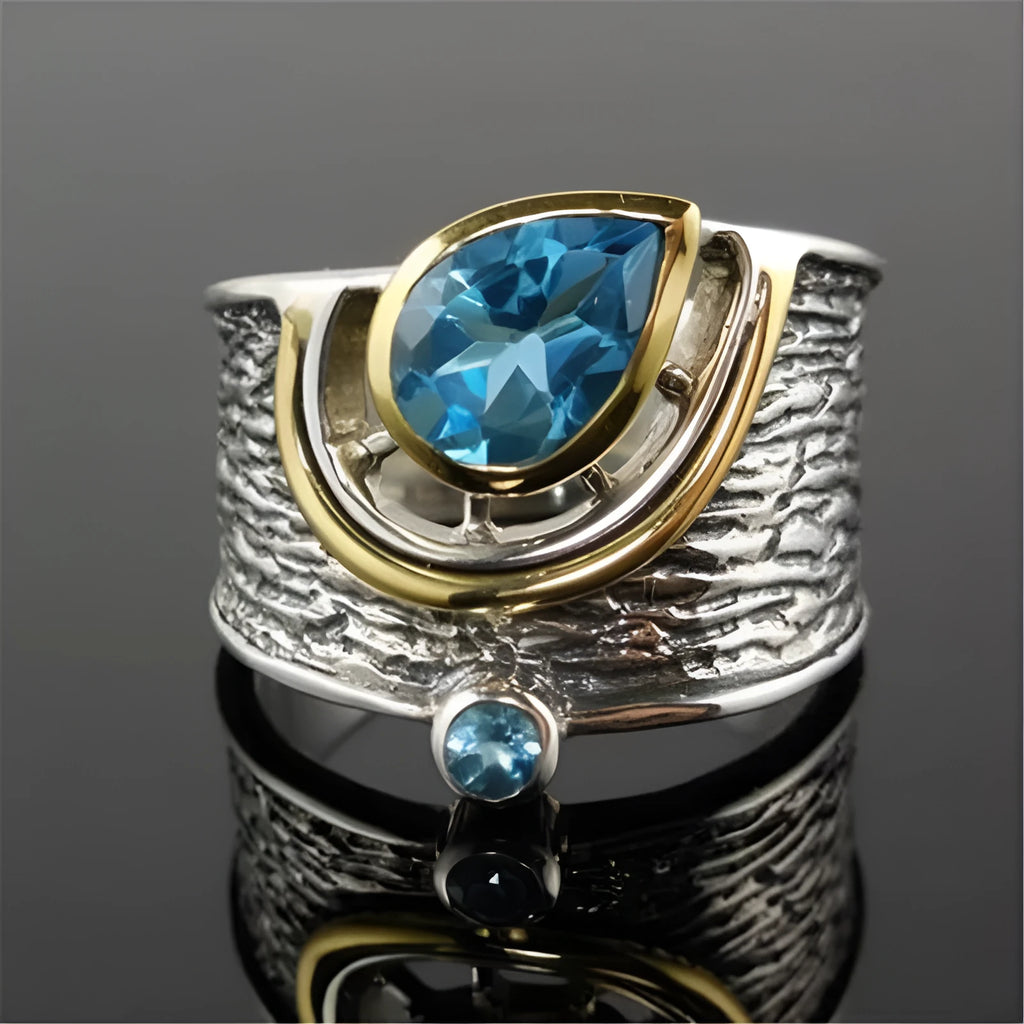 Blue zircon rhinestone ring with drop shape design in Chinese style for women