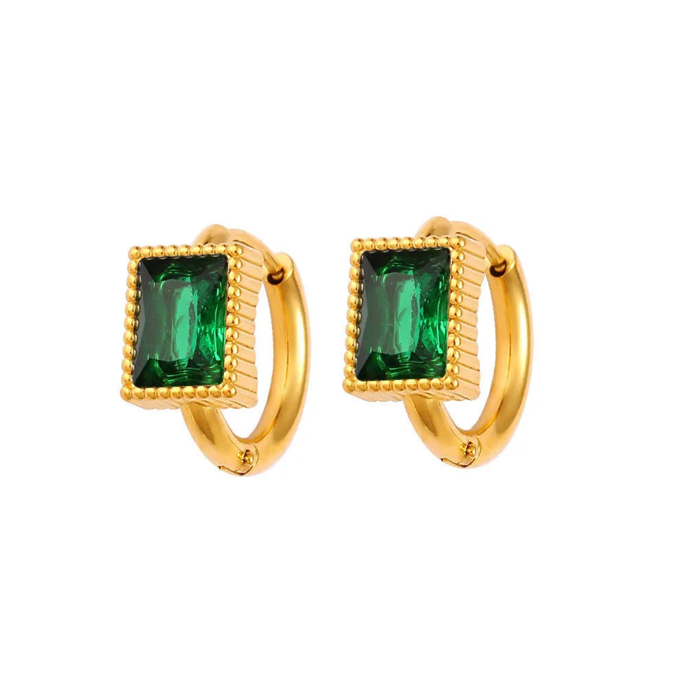 Square zircon stainless steel geometric earrings in black, green and white colours
