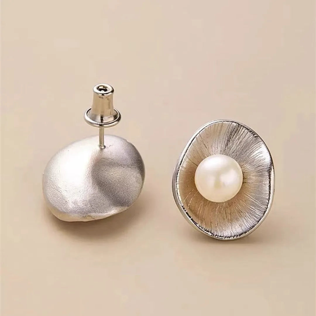 Gold-plated geometric sterling silver ear studs with genuine freshwater pearls
