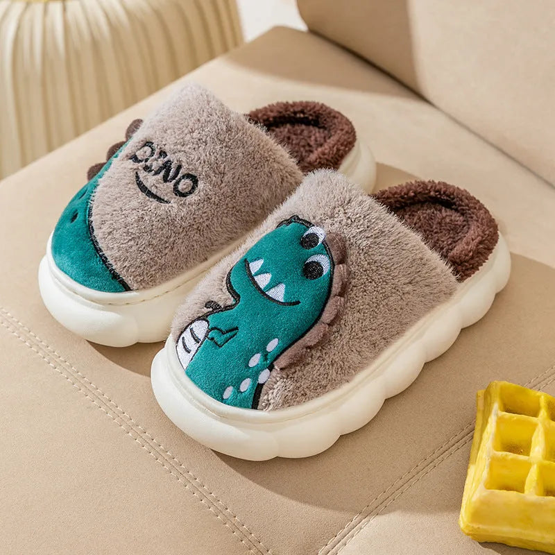 Cotton plush couple slippers with dinosaur themes in coffee, grey and orange colours