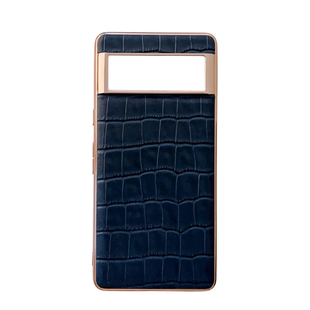 Genuine leather phone case for Google Pixel 6-7 Pro in black colour with electroplating finish