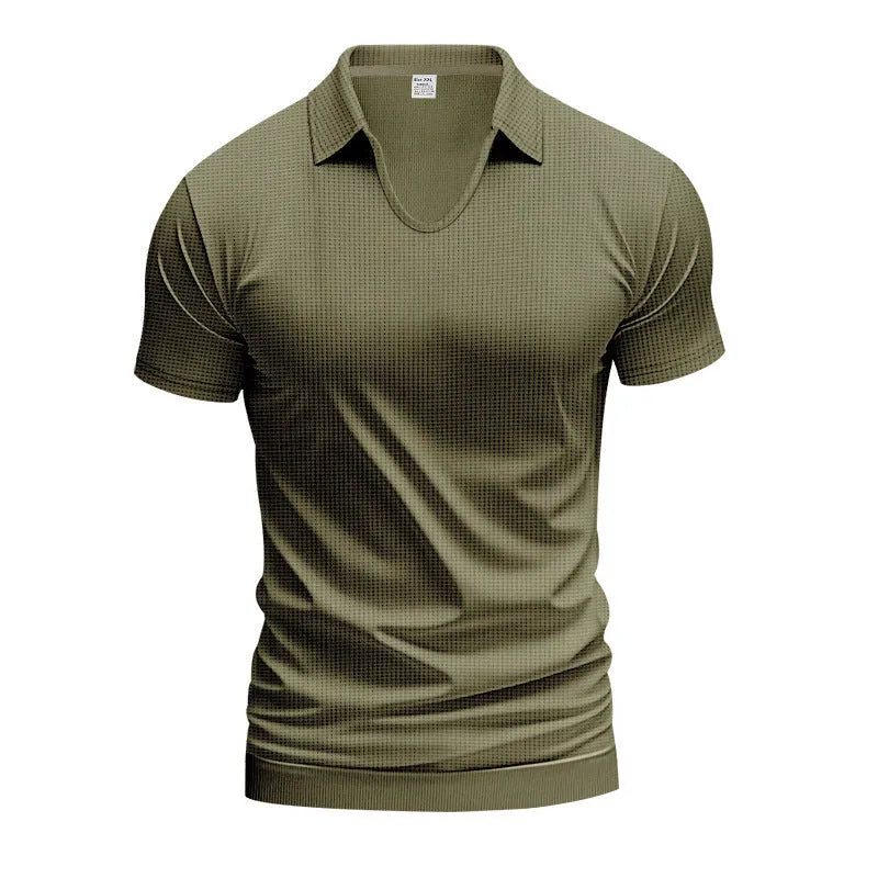 Men's loose fit V-neck t-shirt in cotton blend fabric showing short sleeves and solid colour design