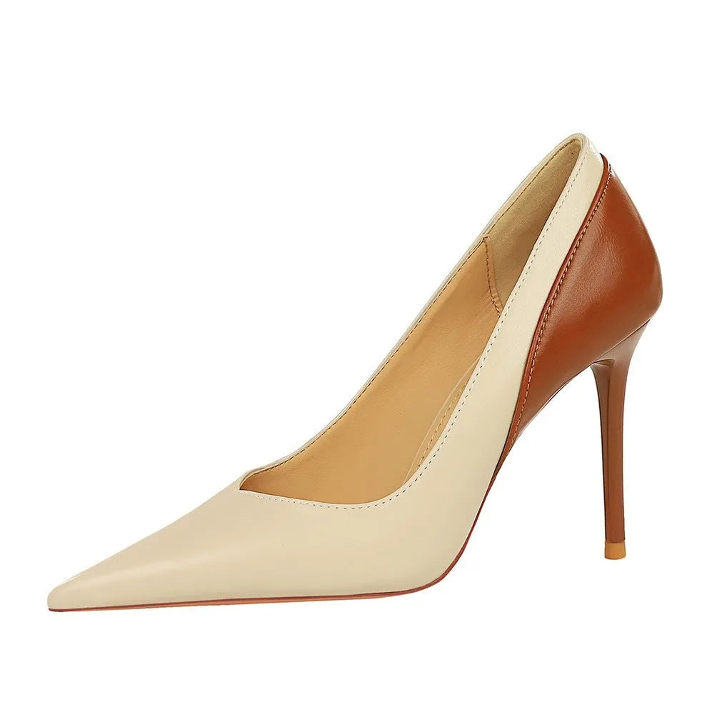 Retro colour block stiletto heel pumps for women, pointed toe, black colour, low top upper, super high heel