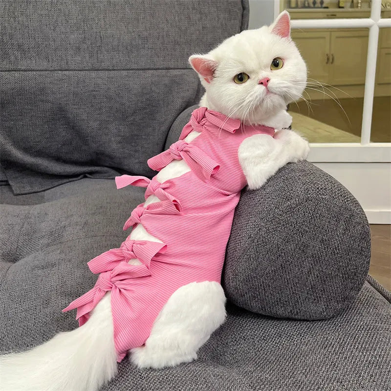 Lace-up cat sterilization clothing in polyester for post-operation recovery, shown in multiple colour options