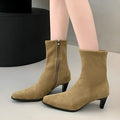 Brown square toe ankle boots with side zipper and kitten heels on waterproof platform sole