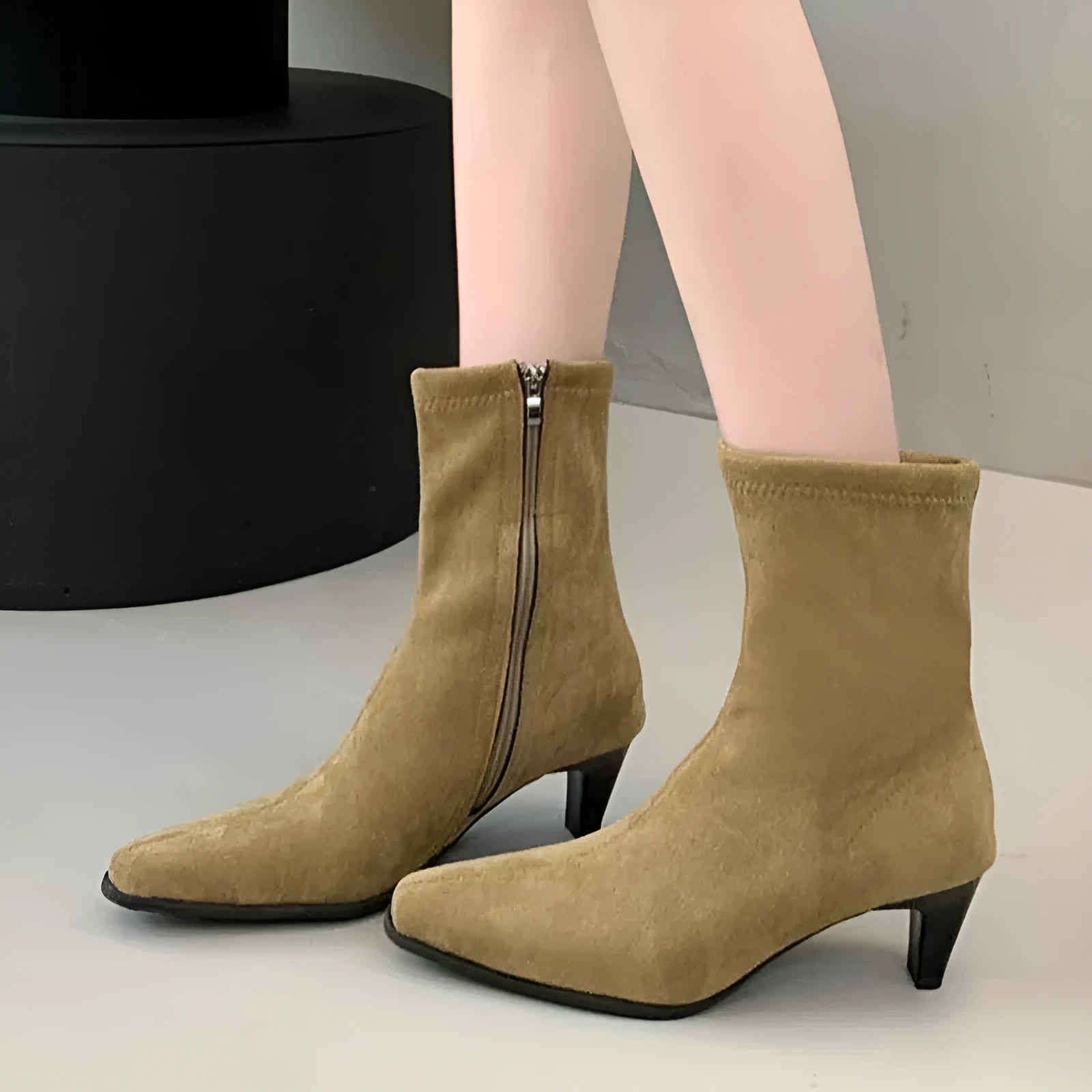 Brown square toe ankle boots with side zipper and kitten heels on waterproof platform sole