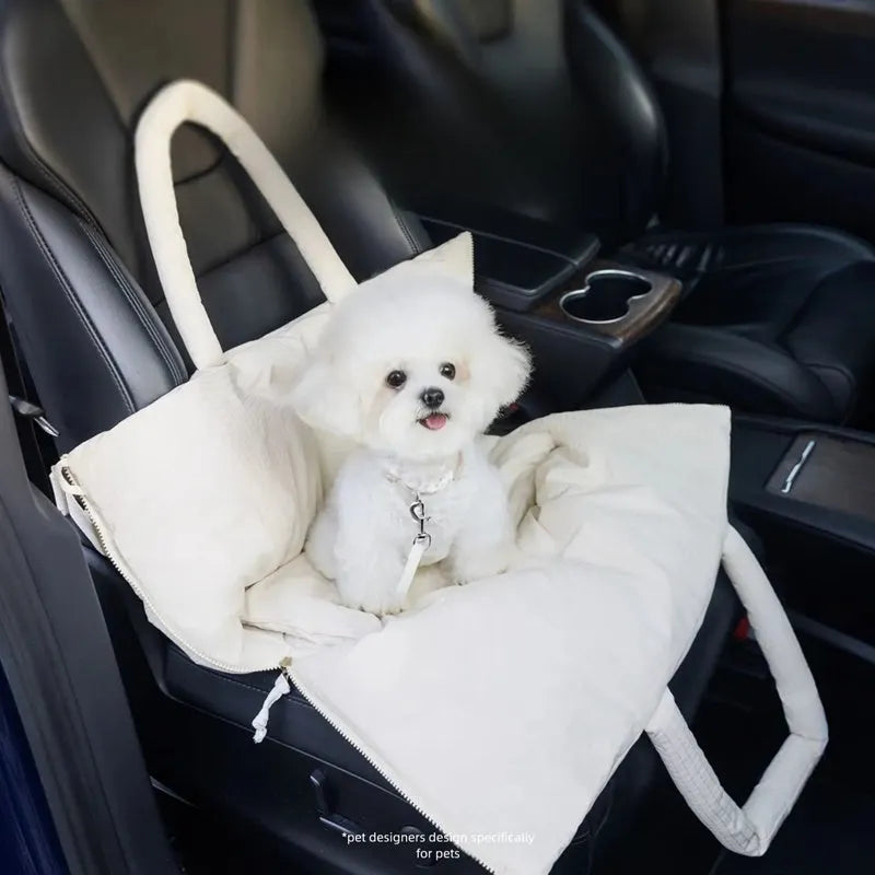 Dog car seat pet carrier with adjustable safety leash, soft cushion, beige design, for small dogs up to 10 pounds