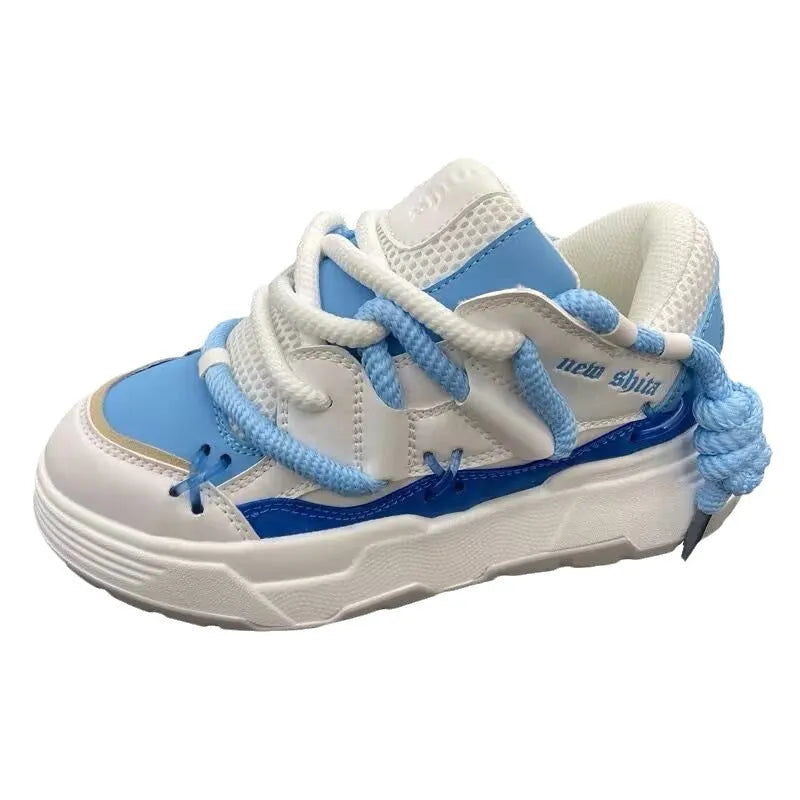 Women's grey thick sole retro sneakers with round toe and front tie-up fastening