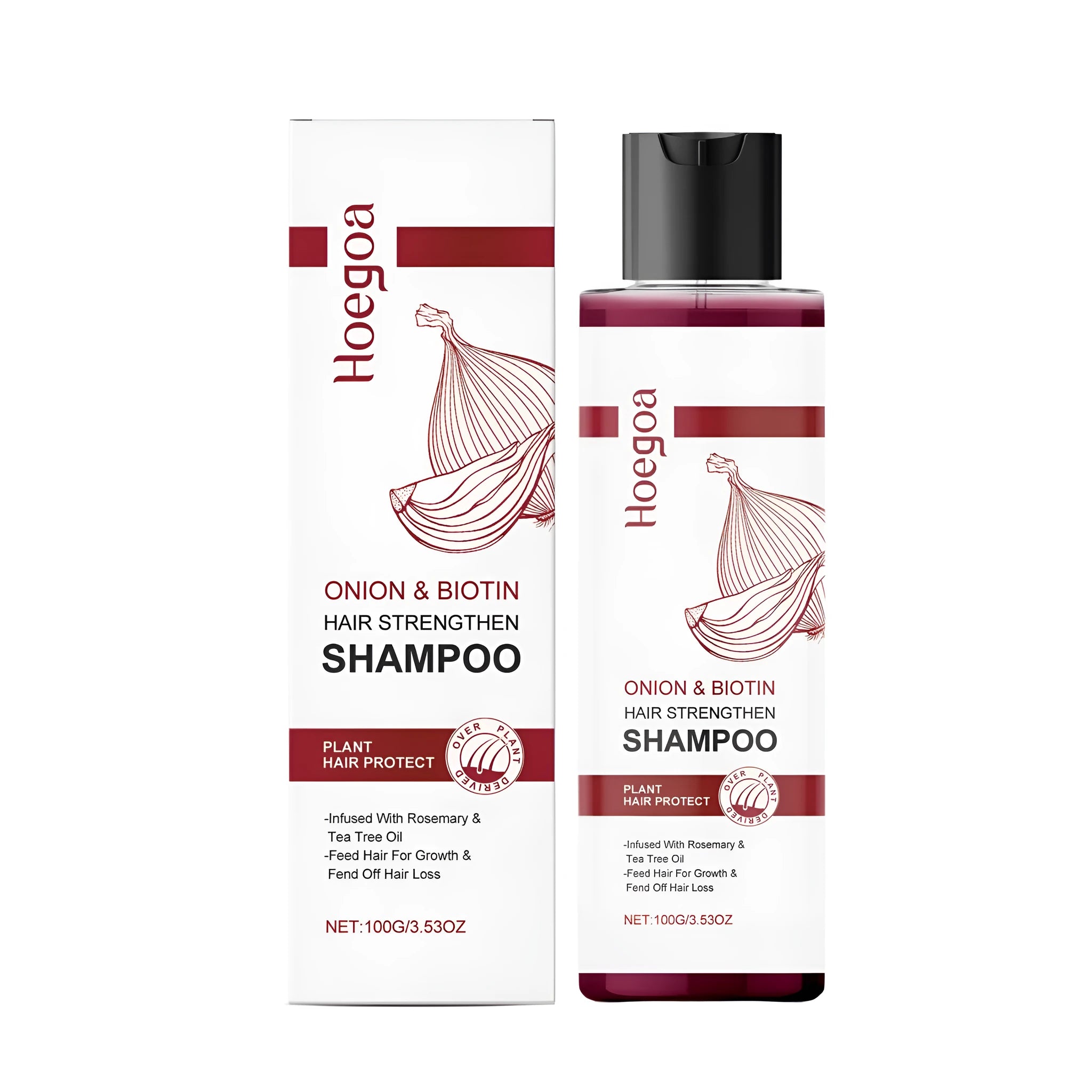 100ml bottle of hair care shampoo with onion extract, biotin, rosemary and tea tree oil, white label on clean background