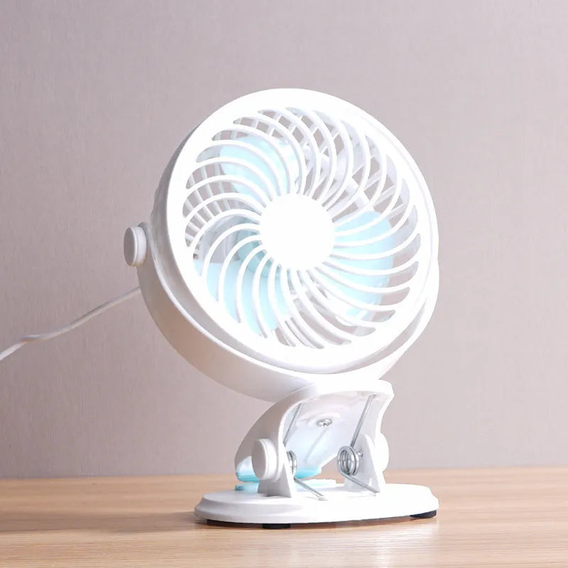 USB quiet desk fan with clip or floor stand options measuring 19×15×10cm