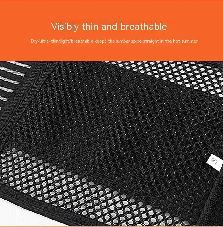 Black breathable sports waist support with internal steel plate for lumbar decompression during fitness and running.