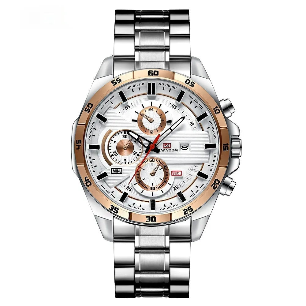 Men's casual quartz watch with business calendar on black leather strap and rose gold case.