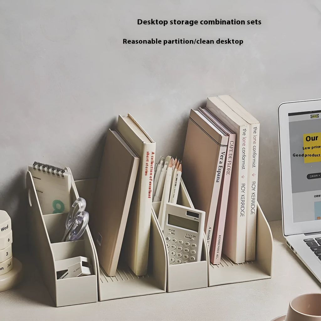 Plastic desktop storage box with two shelves in milk coffee colour, dimensions 14.5x17x22 cm