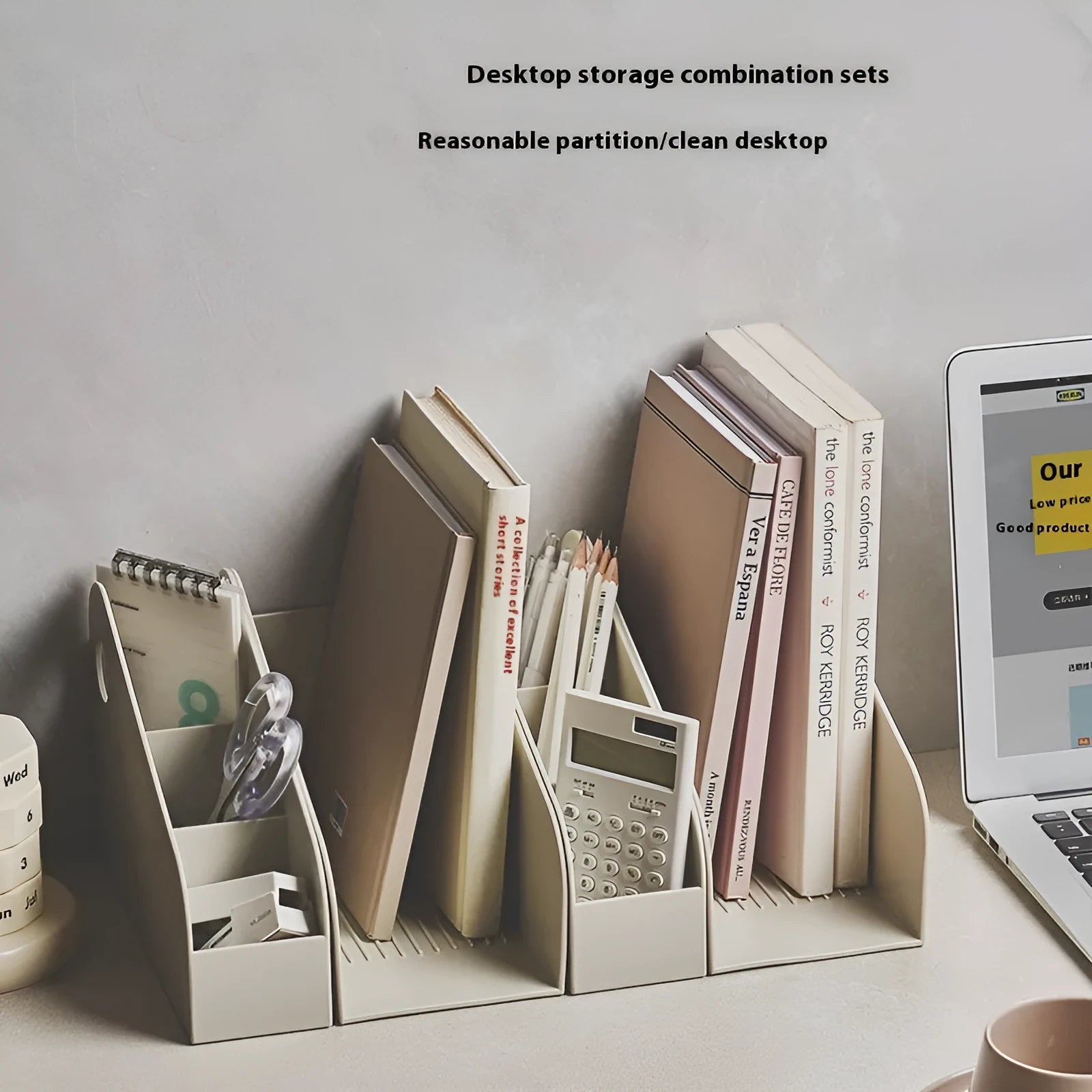 Plastic desktop storage box with two shelves in milk coffee colour, dimensions 14.5x17x22 cm