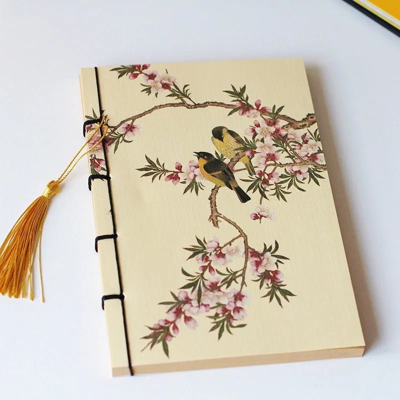 A5 antique wire-bound notebook with retro painting cover, wax rope binding, and tassels