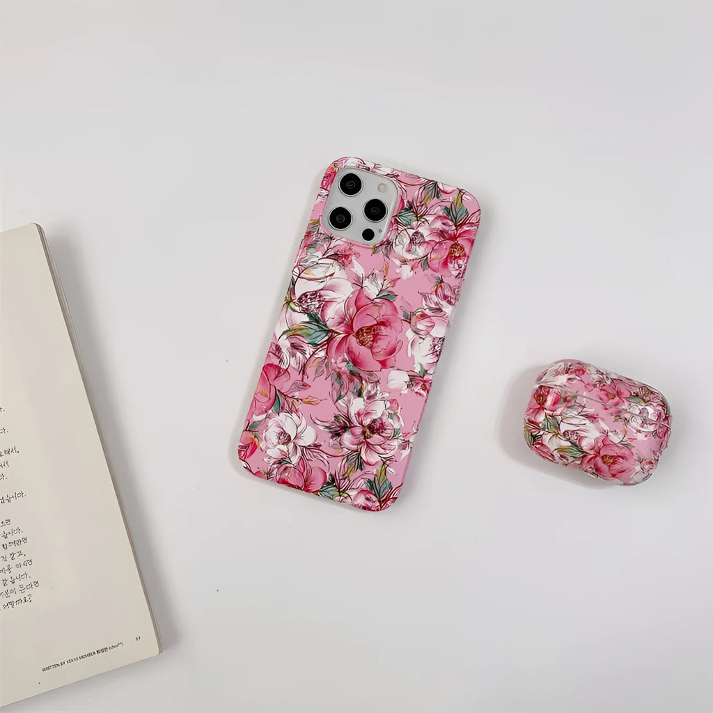 Rose red retro smiling flower silicone protective case compatible with iPhone 11 12 X XR XS 7 8 and Airpods