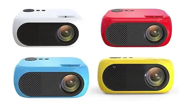 M24 gold and white micro mini portable LED projector with power adapter and AV cable on a grey background