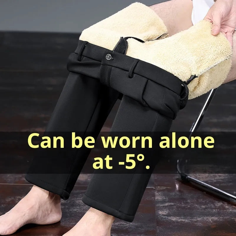 Pair of casual thermal long pants for elderly men in lamb wool black with rope closure and polyester-spandex fabric