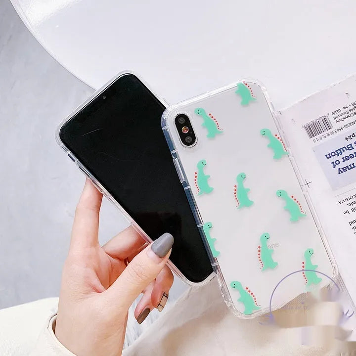 Cute cartoon little dinosaur silicone TPU phone case, drop-resistant back cover for iPhone, green colour with air cushion shell