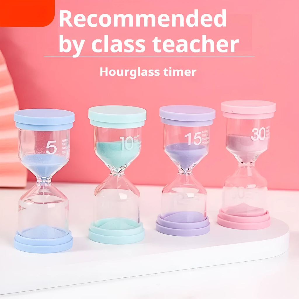 Handmade glass sand timer hourglass in blue on a plain background.