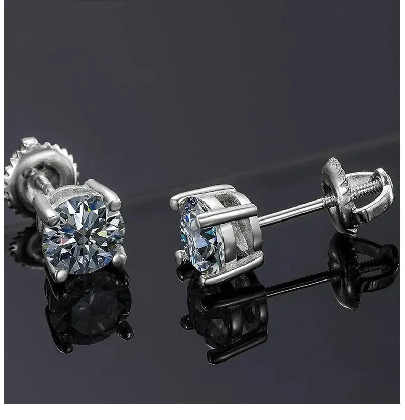 Women's screw back moissanite stud earrings with geometric setting on silver