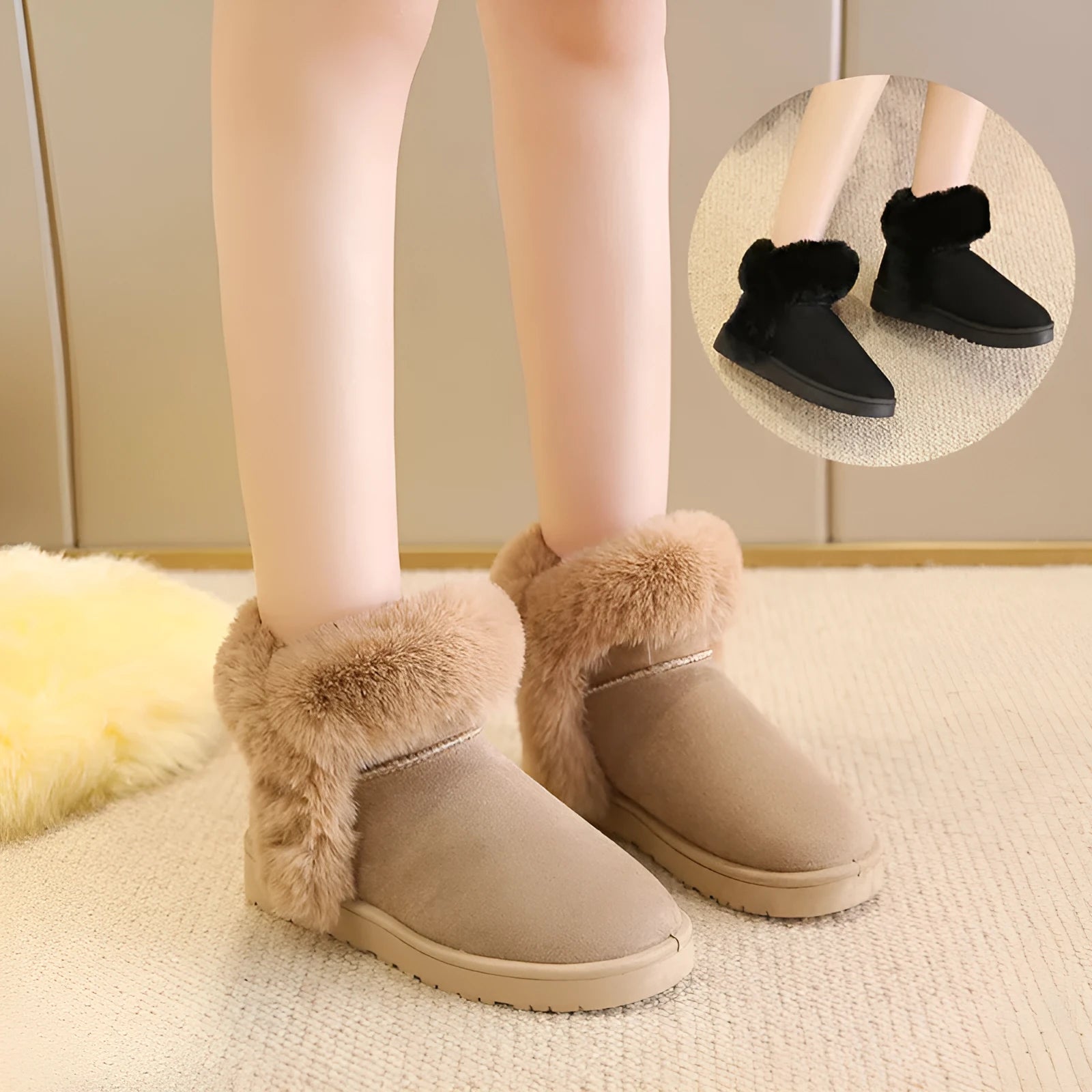 Women's winter snow boots in beige with fluffy platform, round toe, and artificial wool lining on a white background