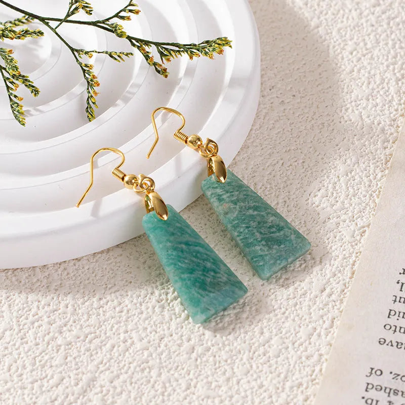 Amazonite rough stone trapezoid earrings with geometric octagon shape and gold plating