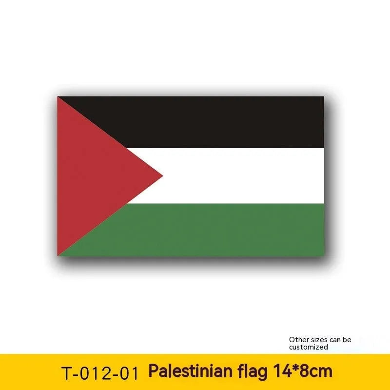 Pack of six Palestinian flag and text car decal stickers on adhesive backing paper.