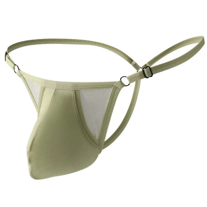 Men's ice silk T-back underwear with geometric pattern in multiple colours including army green and grey blue