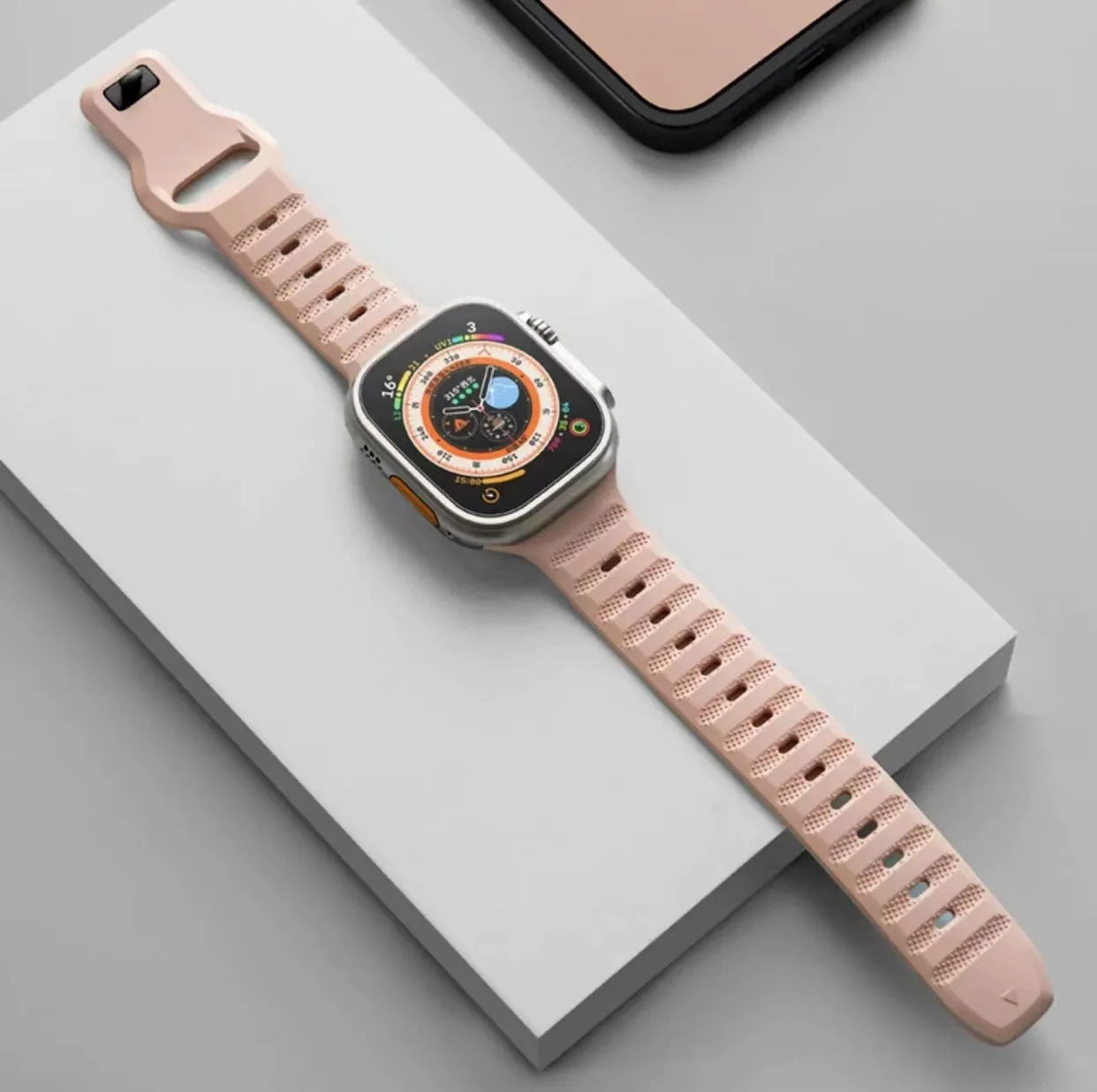 Fluoro rubber watch strap for Apple Watch Ultra and Series 8 to 1 in various colours with T-buckle.