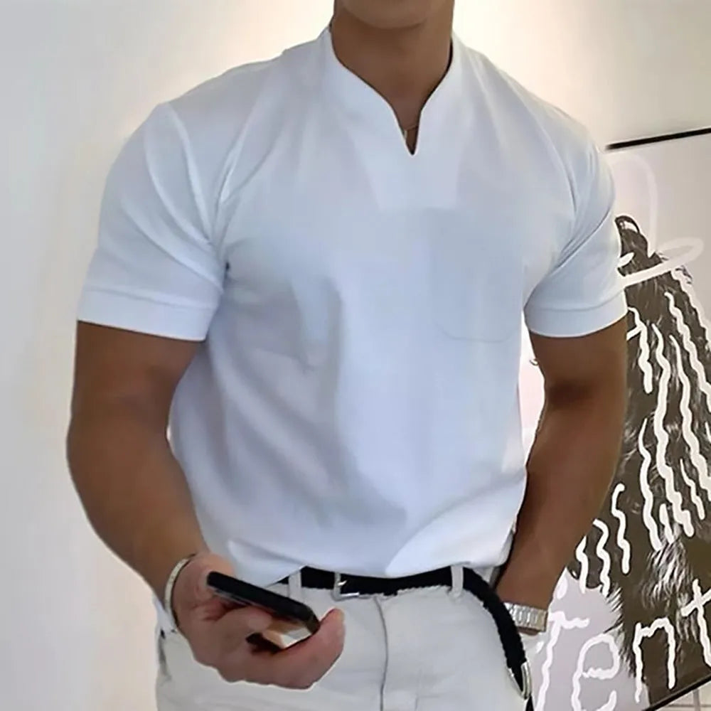 Men's summer short sleeve shirt with pocket in light grey, loose stand collar fit with plain pattern, plus size S-5XL