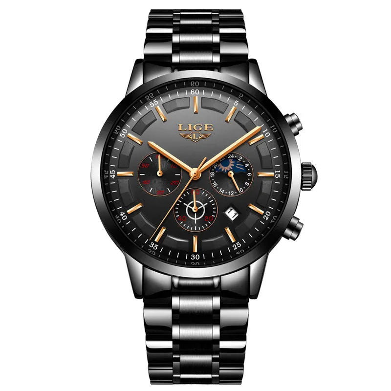 Men's waterproof quartz sports watch with 12mm case in black and rose red gold colour