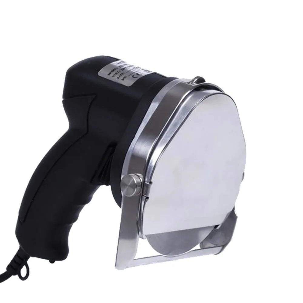 Black electric meat cleaver with blade for turkey barbecue machine, showing EU plug.