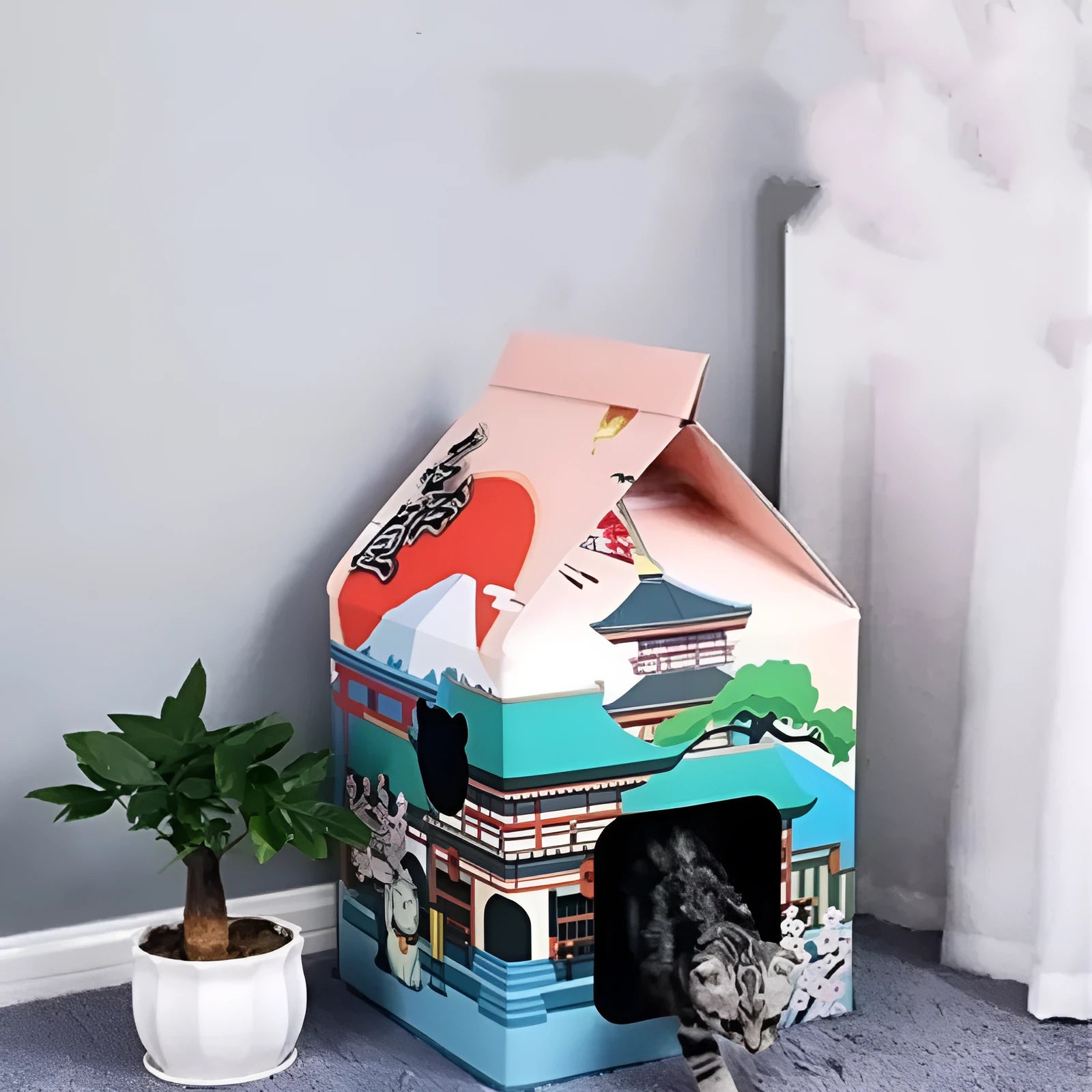 Foldable corrugated cardboard cat scratcher with Nagoya pattern design.