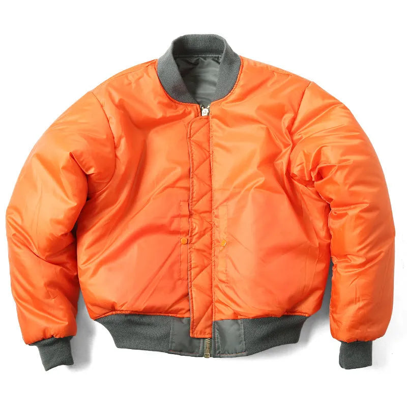 Men's loose fit army green nylon pilot jacket with cotton padding on a mannequin.