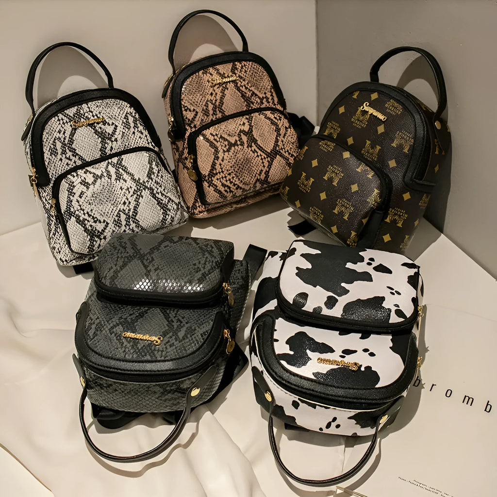 Girls small backpack PU leather Korean style with three-dimensional outer pocket in snake white colour