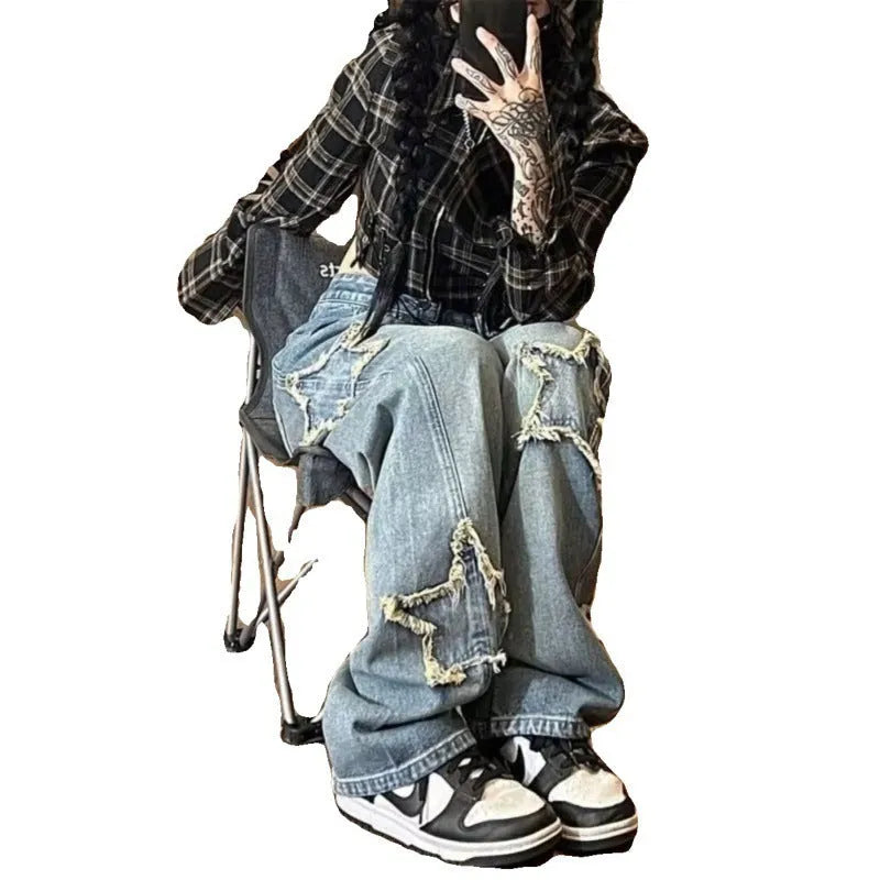 Blue high-waist wide-leg denim trousers with straight cut on mannequin