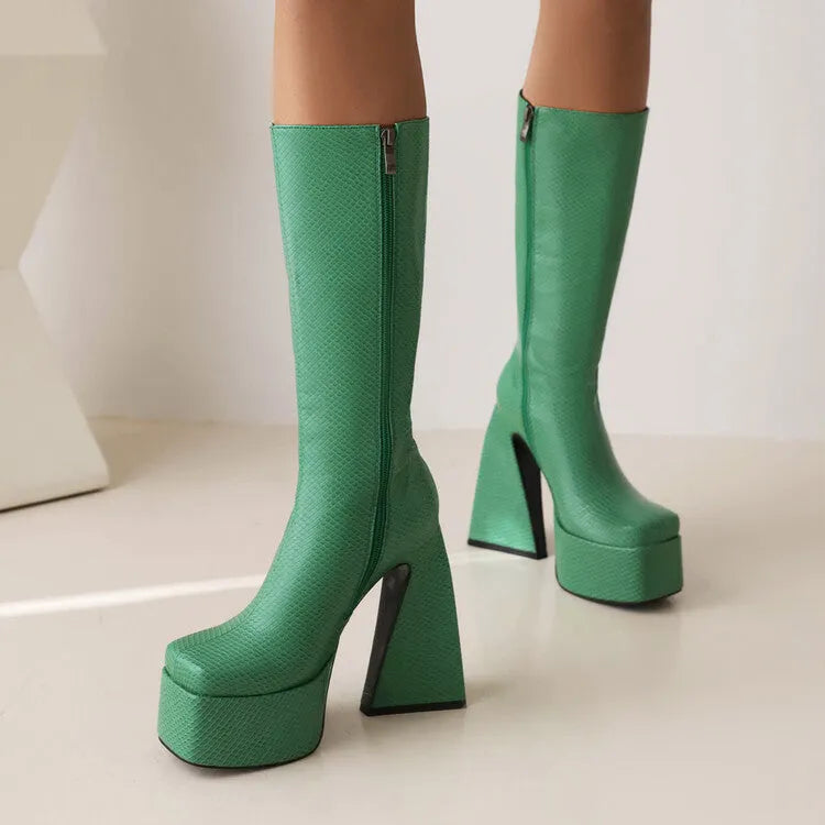 Women's artificial PU casual high boots in black, red, blue, and white colours